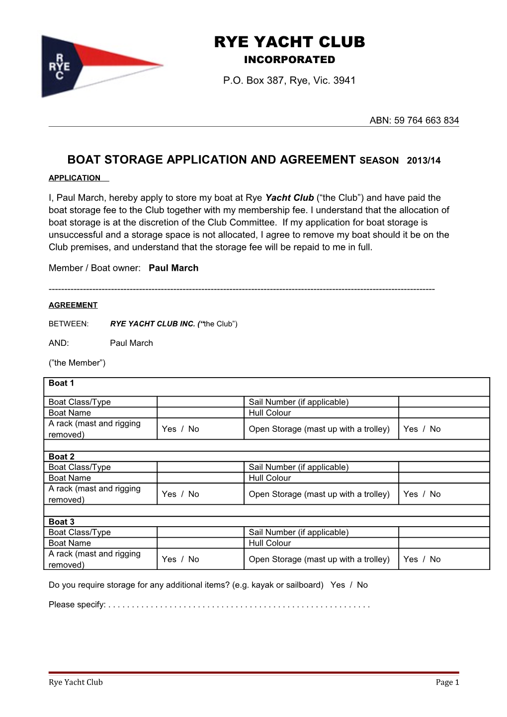 Boat Storage Application and Agreement Season 2013/14