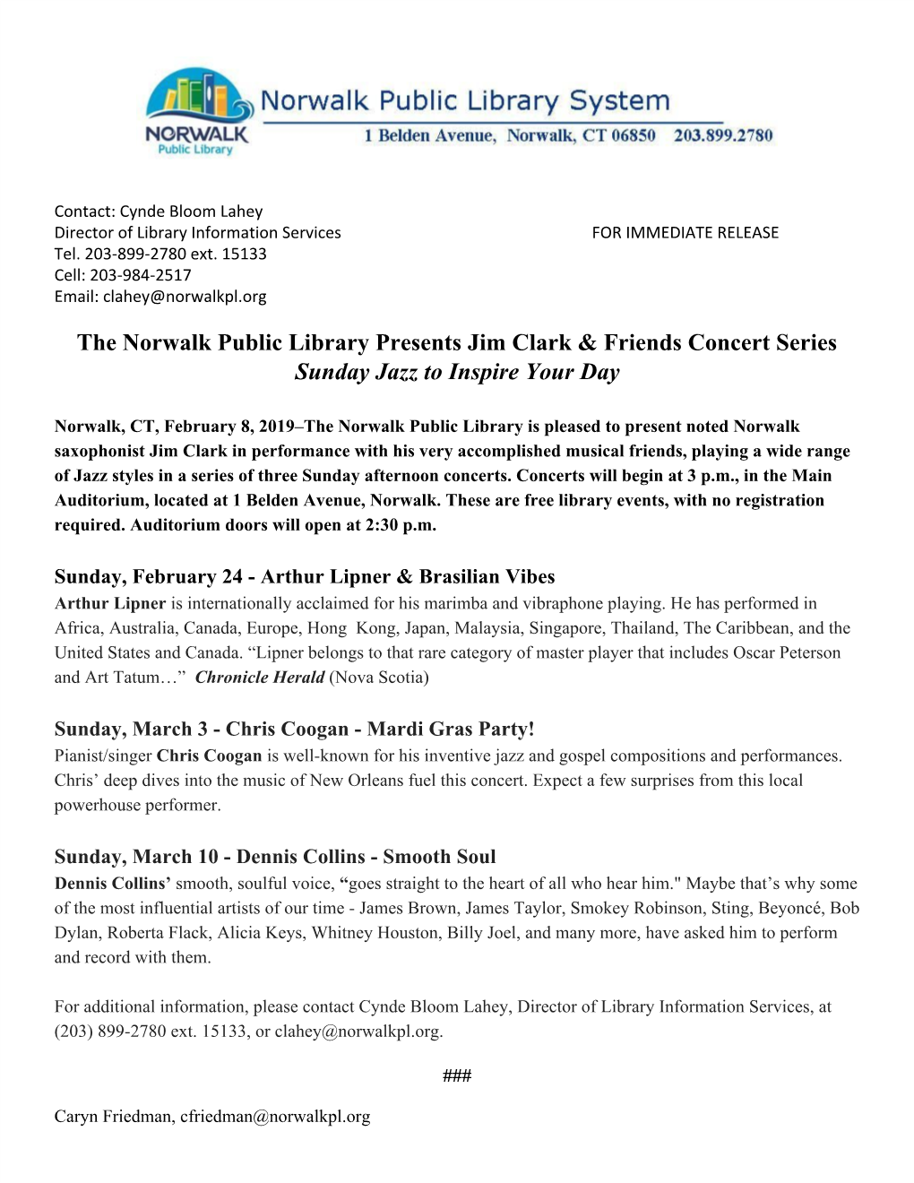 The Norwalk Public Library Presents Jim Clark & Friends Concert Series