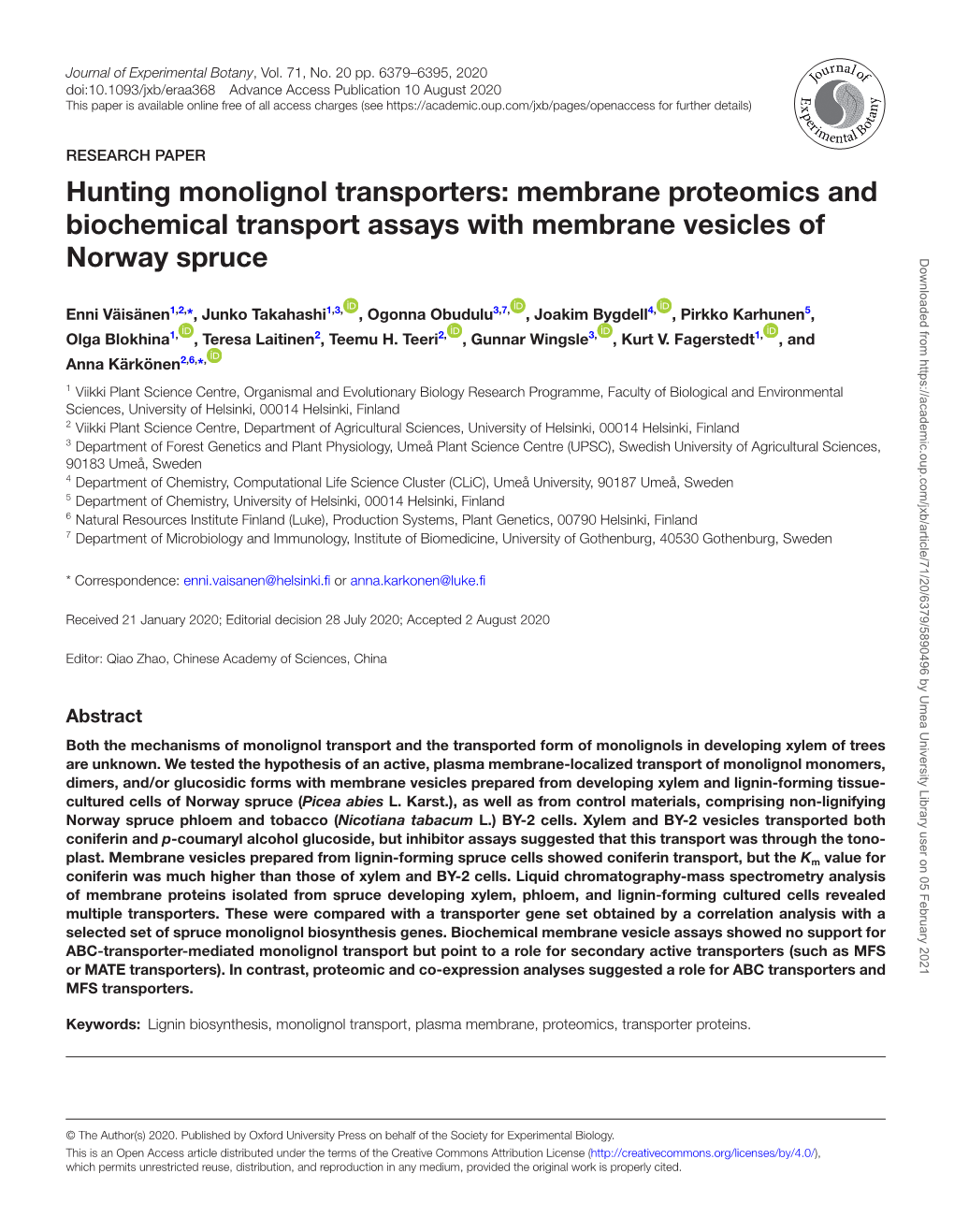 Hunting Monolignol Transporters: Membrane Proteomics and Biochemical Transport Assays with Membrane Vesicles Of