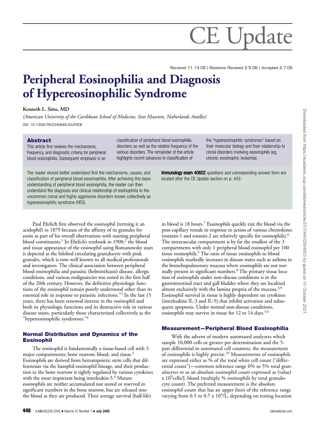 Peripheral Eosinophilia and Diagnosis of Hypereosinophilic Syndrome