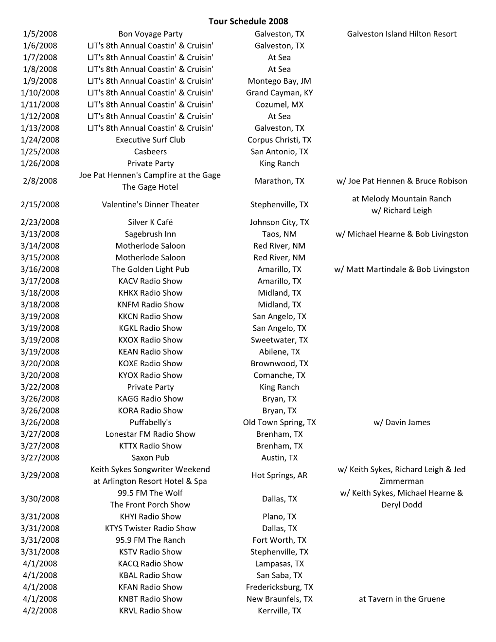 Tour Schedule 2008