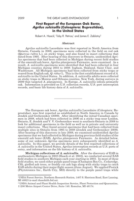 First Report of the European Oak Borer, Agrilus Sulcicollis (Coleoptera: Buprestidae), in the United States Robert A