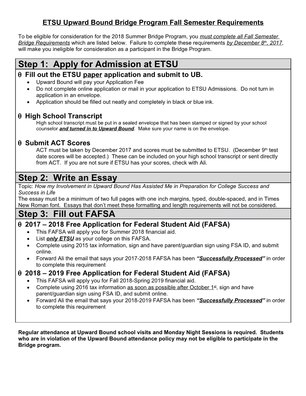 ETSU Upward Bound Bridge Program Fall Semester Requirements