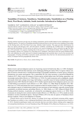 Crustacea, Tanaidacea, Tanaidomorpha, Tanaidoidea) on a Floating Dock, West Beach, Adelaide, South Australia: Introduced Or Indigenous?
