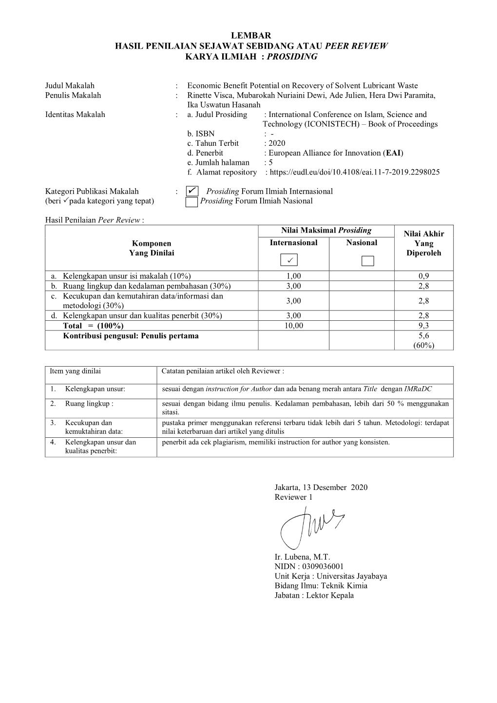 Lembar Hasil Penilaian Sejawat Sebidang Atau Peer Review Karya Ilmiah ...