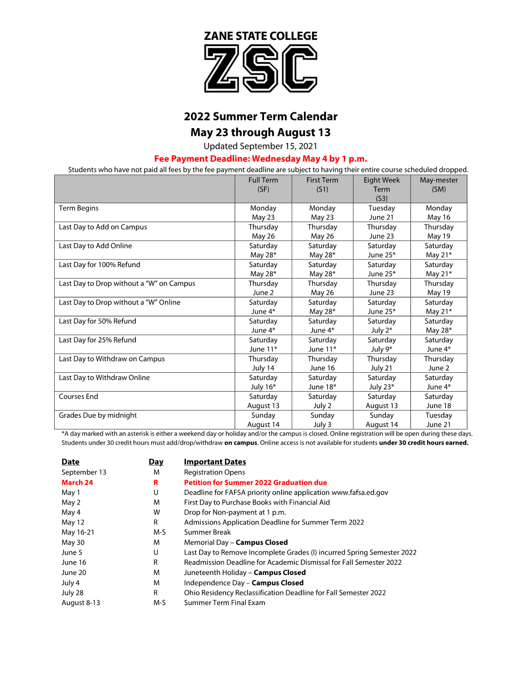 2022 Summer Term Calendar May 23 Through August 13 Updated September 15, 2021 Fee Payment Deadline: Wednesday May 4 by 1 P.M