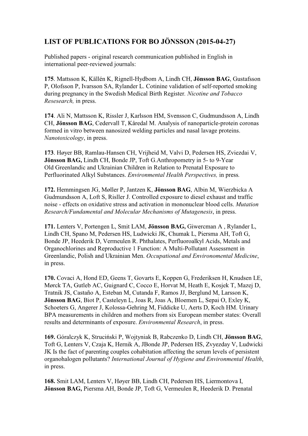 List of Publications for Bo Jönsson (2015-04-27)