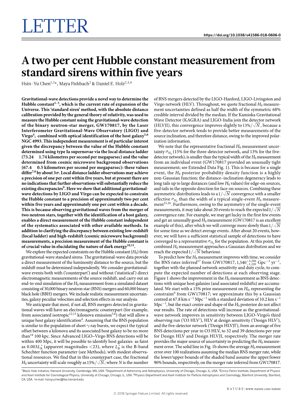 A Two Per Cent Hubble Constant Measurement from Standard Sirens Within Five Years Hsin-Yu Chen1,2*, Maya Fishbach2 & Daniel E