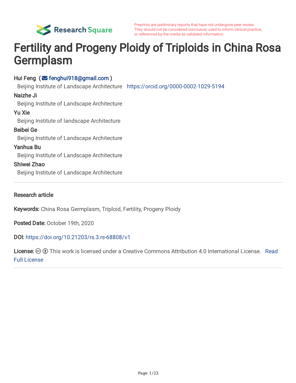 Fertility and Progeny Ploidy of Triploids in China Rosa Germplasm