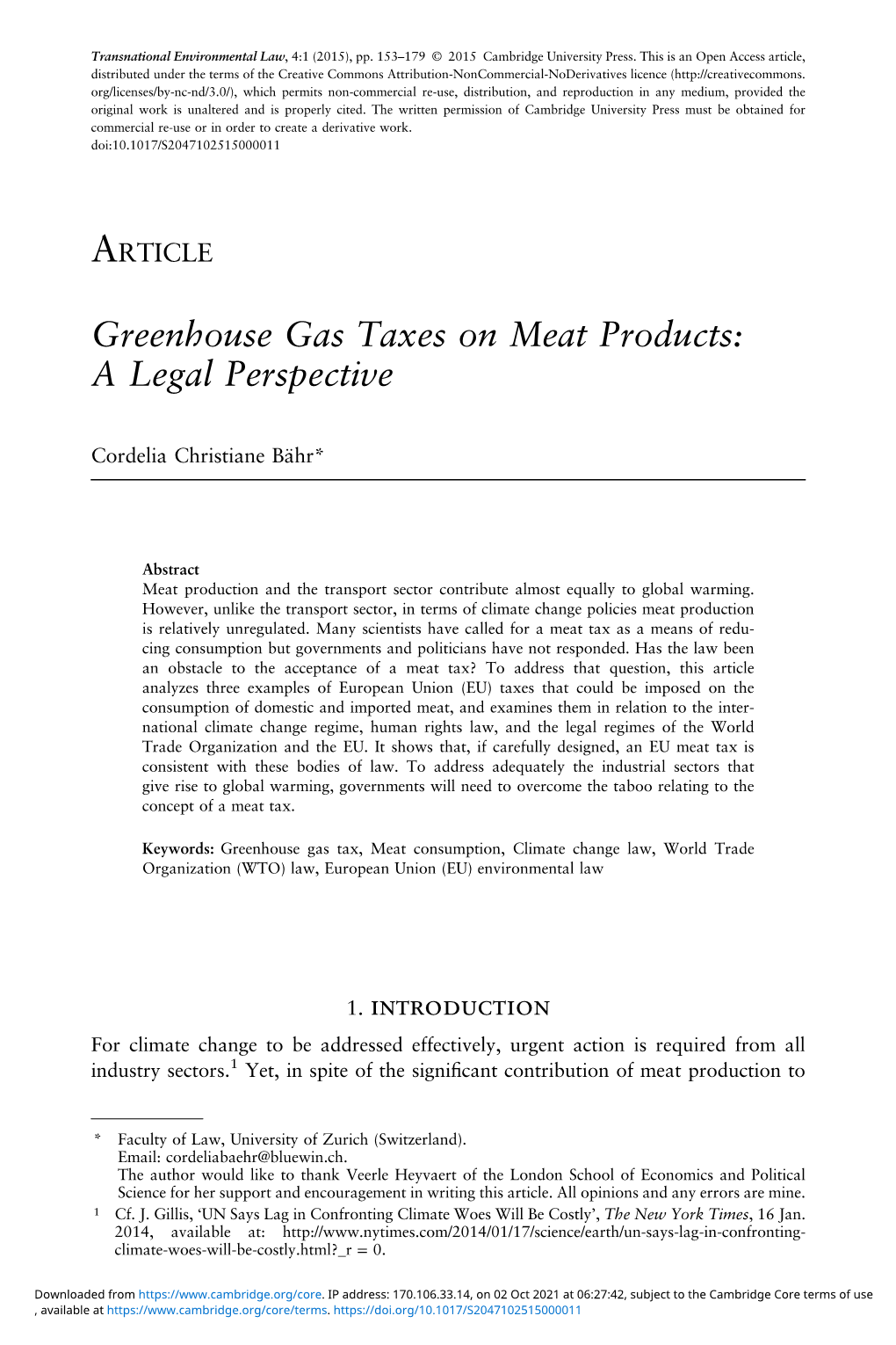 Greenhouse Gas Taxes on Meat Products: a Legal Perspective