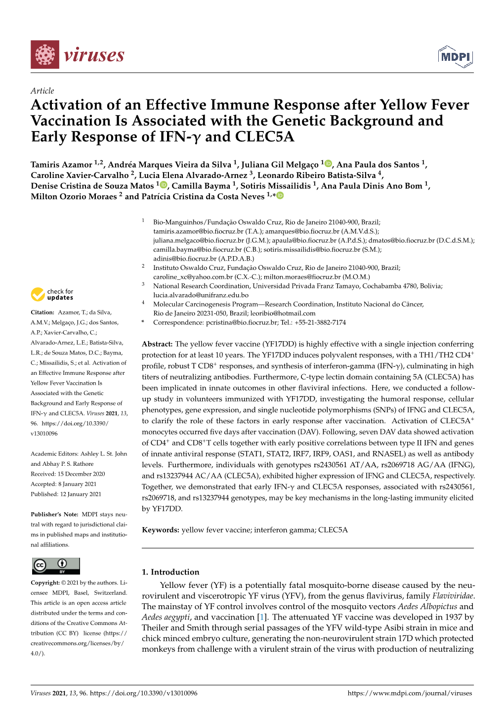 Activation of an Effective Immune Response After Yellow Fever Vaccination Is Associated with the Genetic Background and Early Response of IFN-Γ and CLEC5A