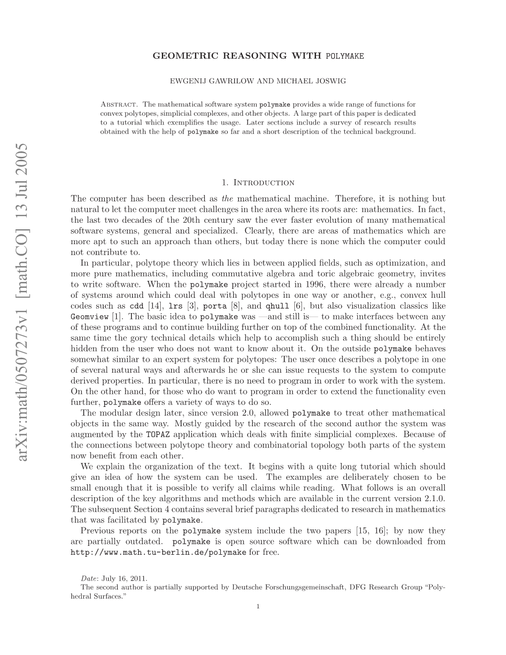 Arxiv:Math/0507273V1 [Math.CO] 13 Jul 2005 O Eetfo Ahother