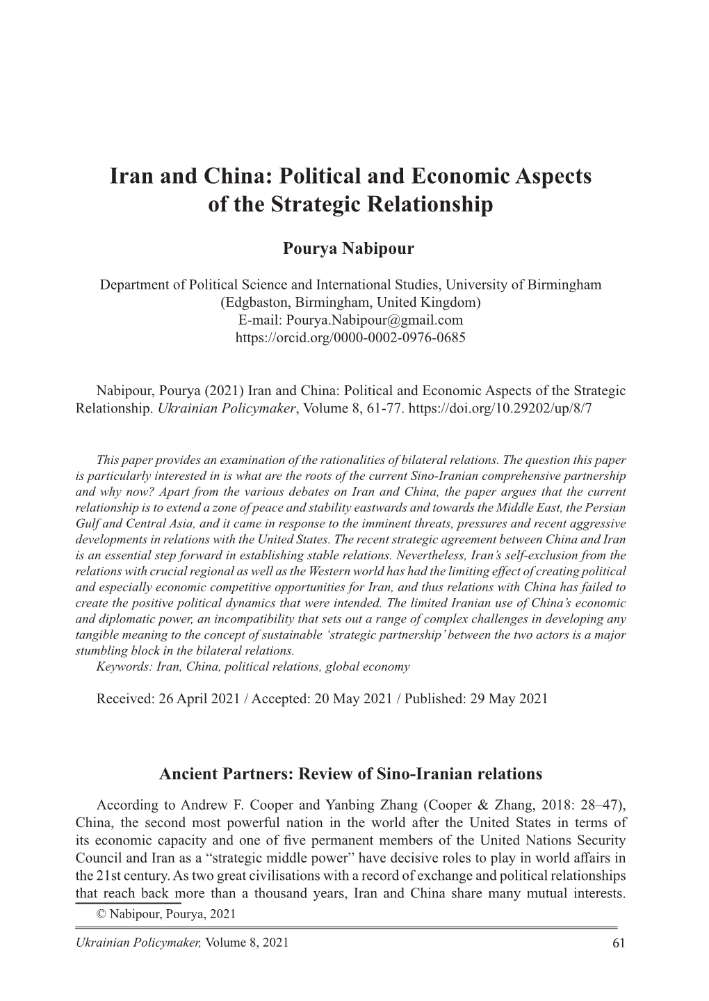 Iran and China: Political and Economic Aspects of the Strategic Relationship