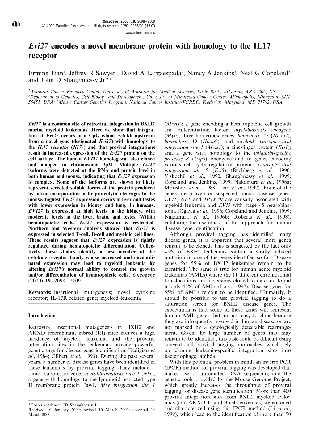 Evi27 Encodes a Novel Membrane Protein with Homology to the IL17 Receptor