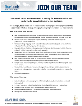 True North Sports + Entertainment Is Looking for a Creative Writer and Social Media Savvy Individual to Join Our Team