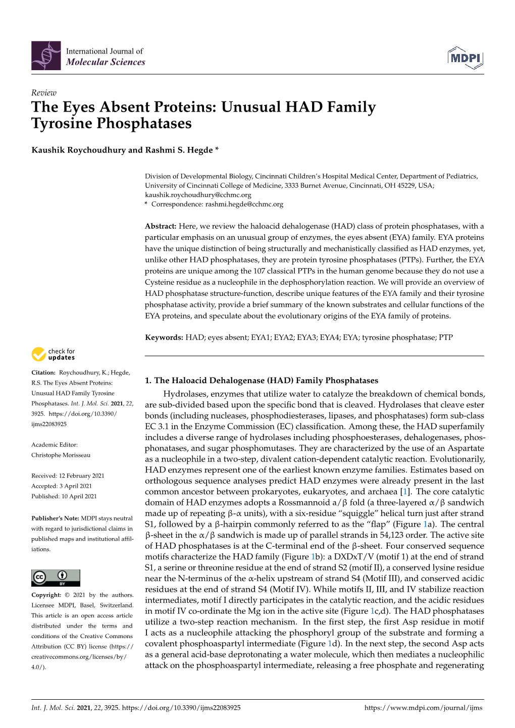 The Eyes Absent Proteins: Unusual HAD Family Tyrosine Phosphatases