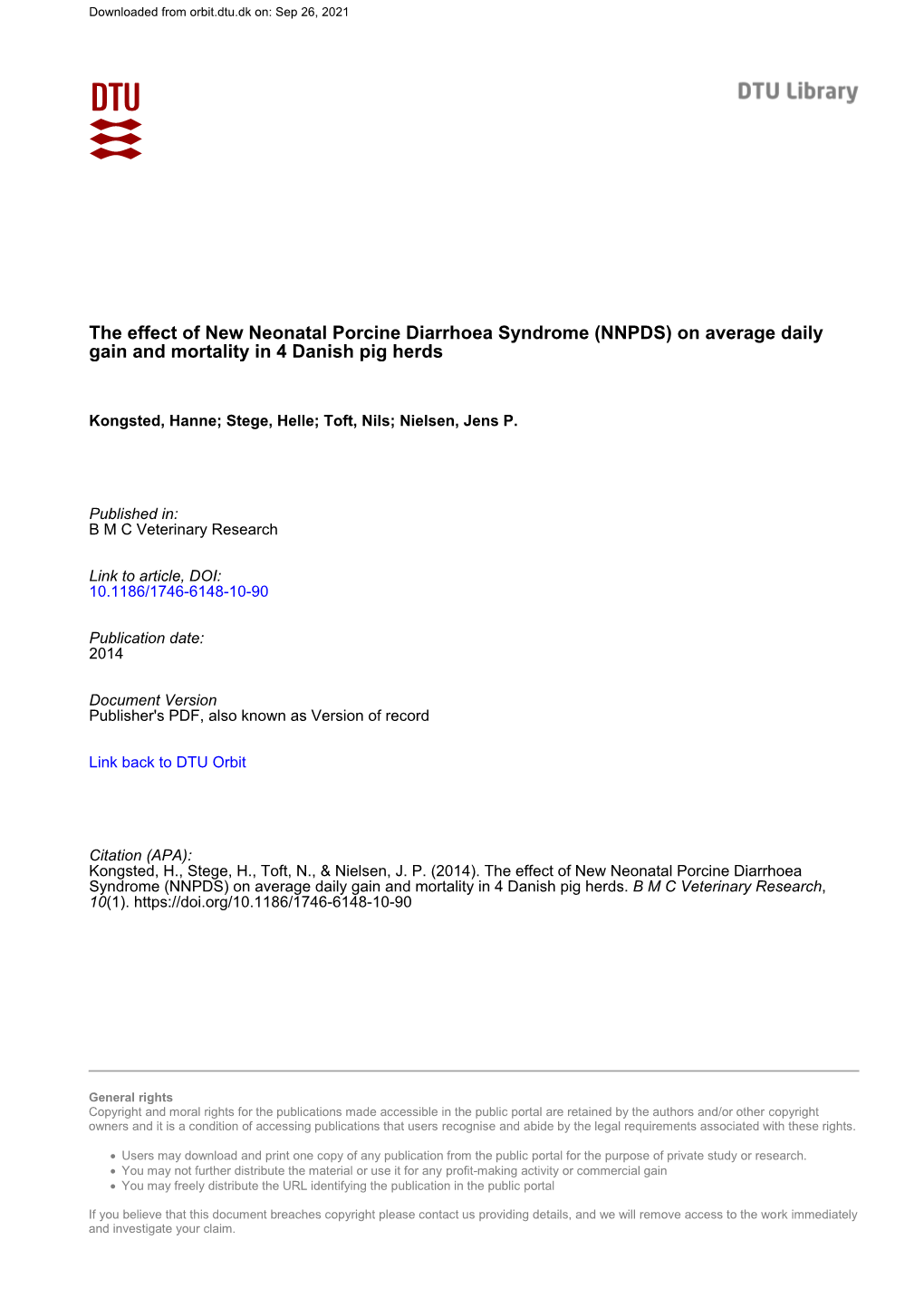 (NNPDS) on Average Daily Gain and Mortality in 4 Danish Pig Herds