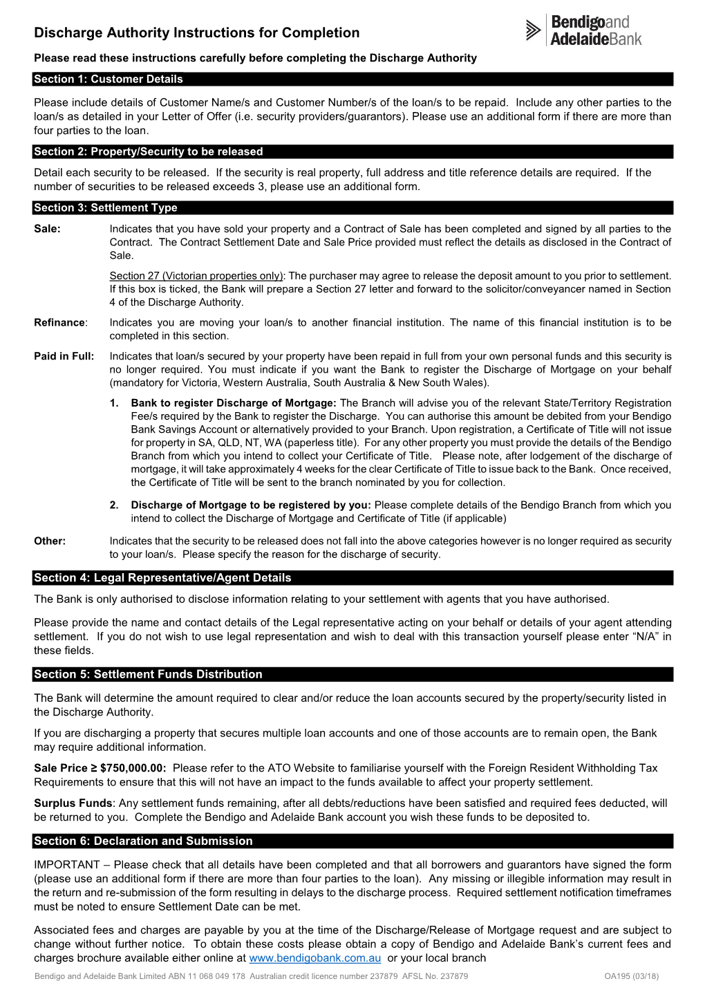 Discharge Authority Instructions for Completion