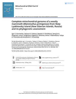 Complete Mitochondrial Genome of a Woolly Mammoth (Mammuthus Primigenius) from Maly Lyakhovsky Island (New Siberian Islands, Russia) and Its Phylogenetic Assessment