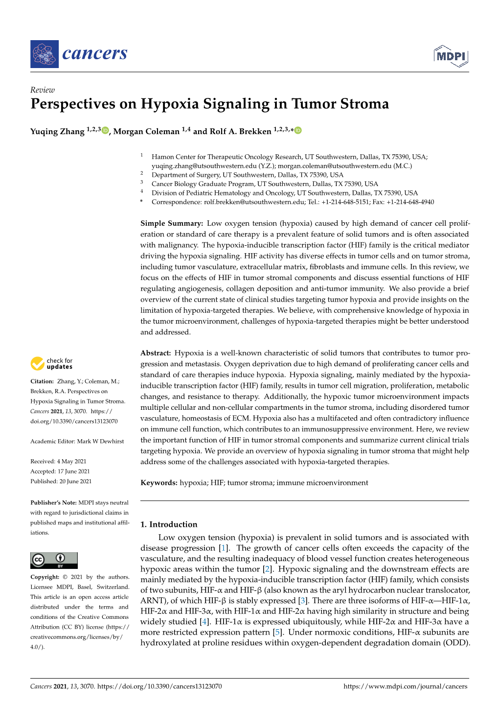 Perspectives on Hypoxia Signaling in Tumor Stroma