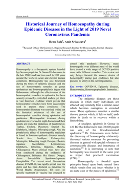 Historical Journey of Homoeopathy During Epidemic Diseases in the Light of 2019 Novel Coronavirus Pandemic