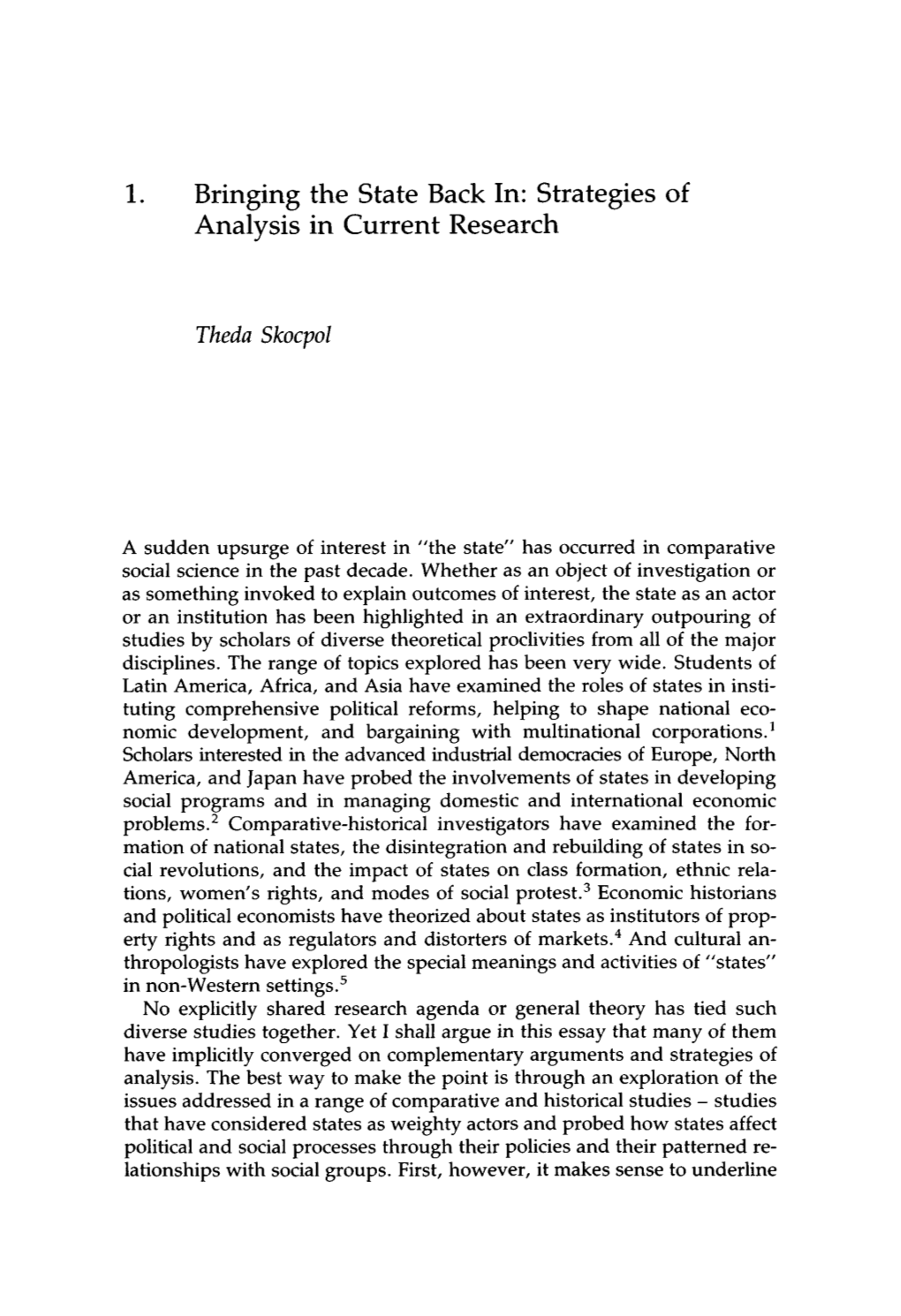 Bringing the State Back In: Strategies of Analysis in Current Research