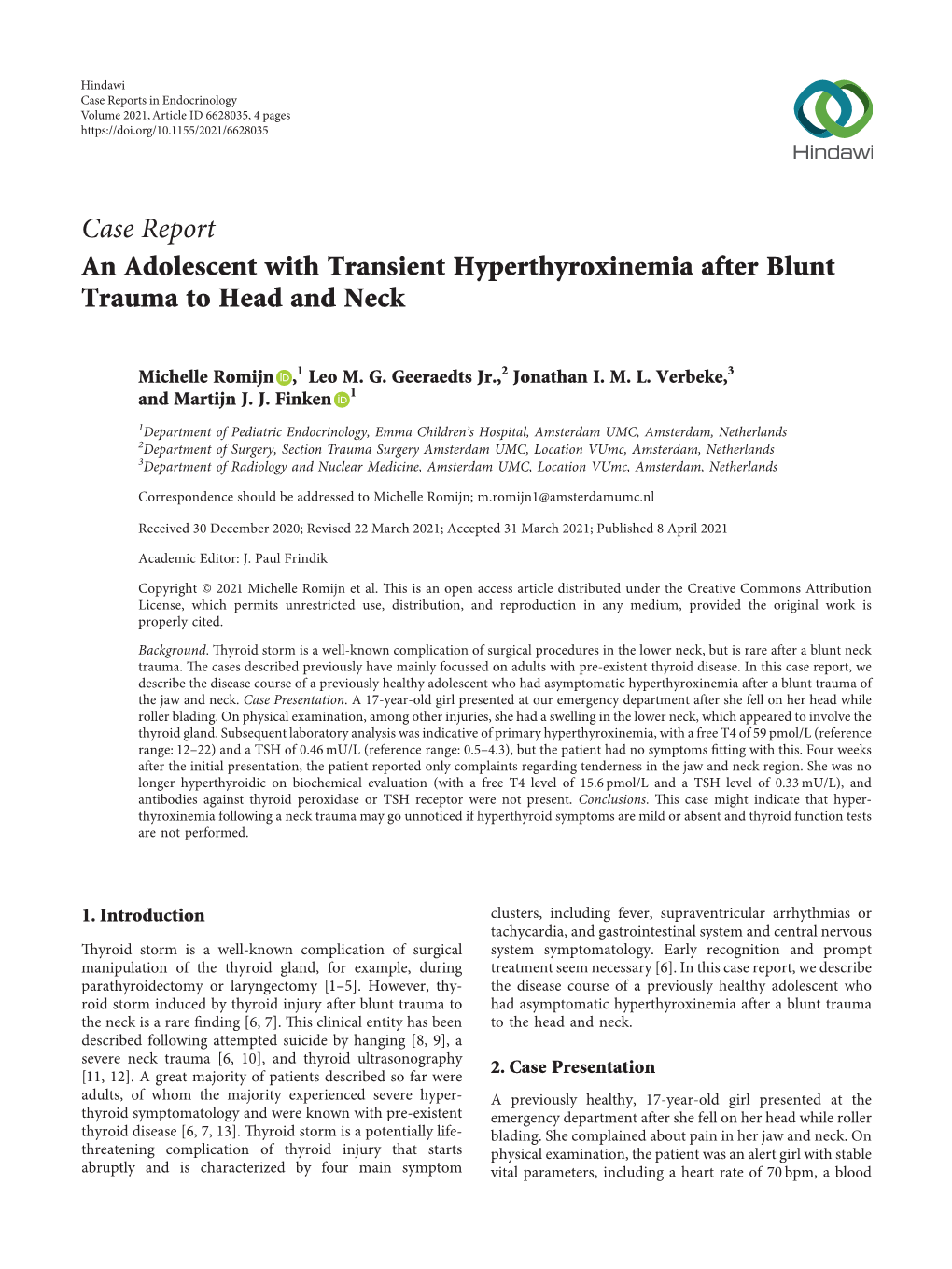 An Adolescent with Transient Hyperthyroxinemia After Blunt Trauma to Head and Neck