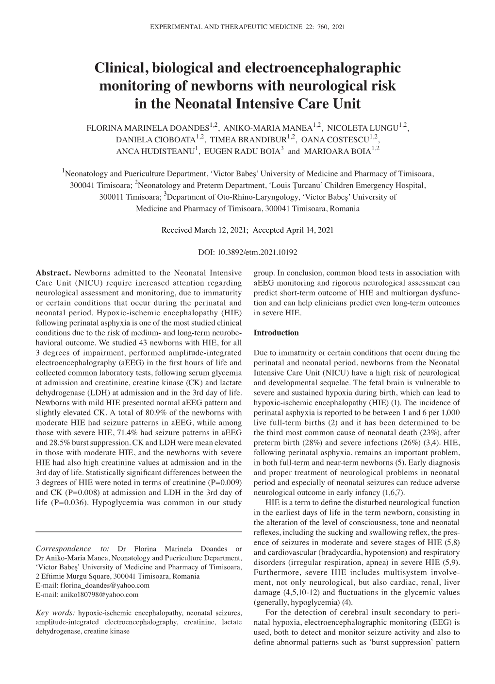 Clinical, Biological and Electroencephalographic Monitoring of Newborns with Neurological Risk in the Neonatal Intensive Care Unit