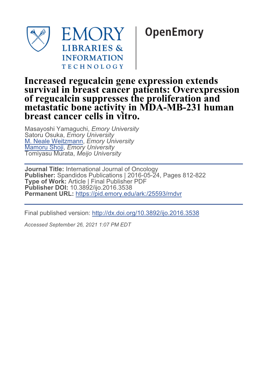 Increased Regucalcin Gene Expression Extends