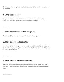 1. Who Has Access? 2. Who Contributes to the Program? 3. How Does It Collect Data? 4. How Does It Interact with NSA?