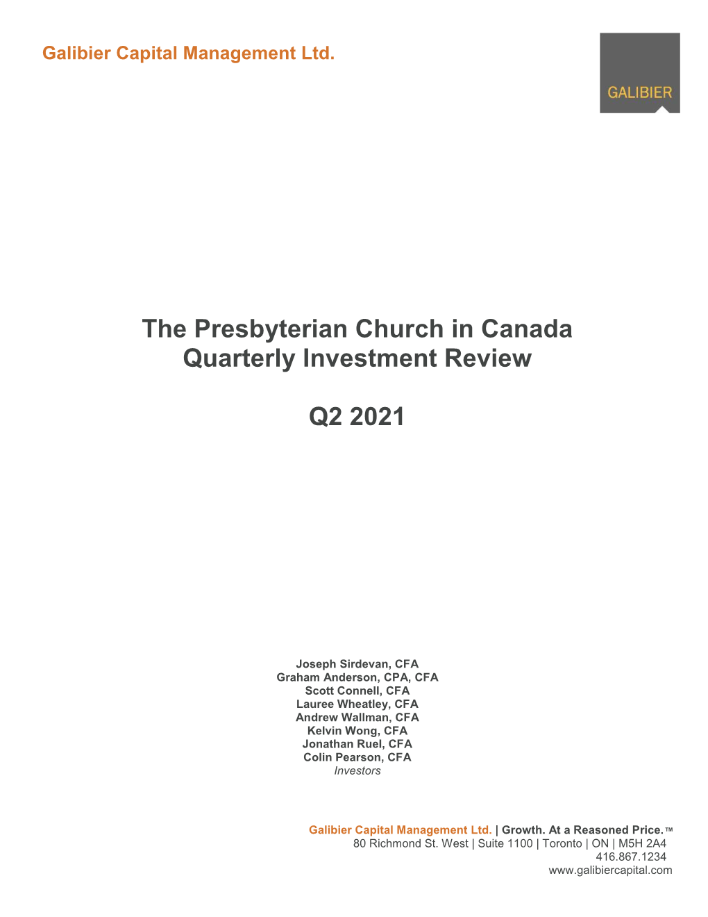 The Presbyterian Church in Canada Quarterly Investment Review Q2 2021