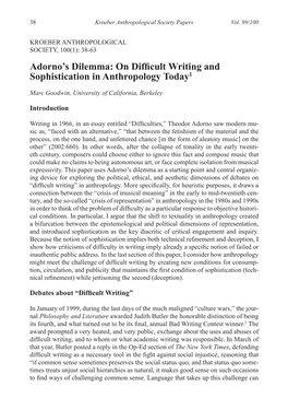 Adorno's Dilemma: on Difficult Writing and Sophistication in Anthropology