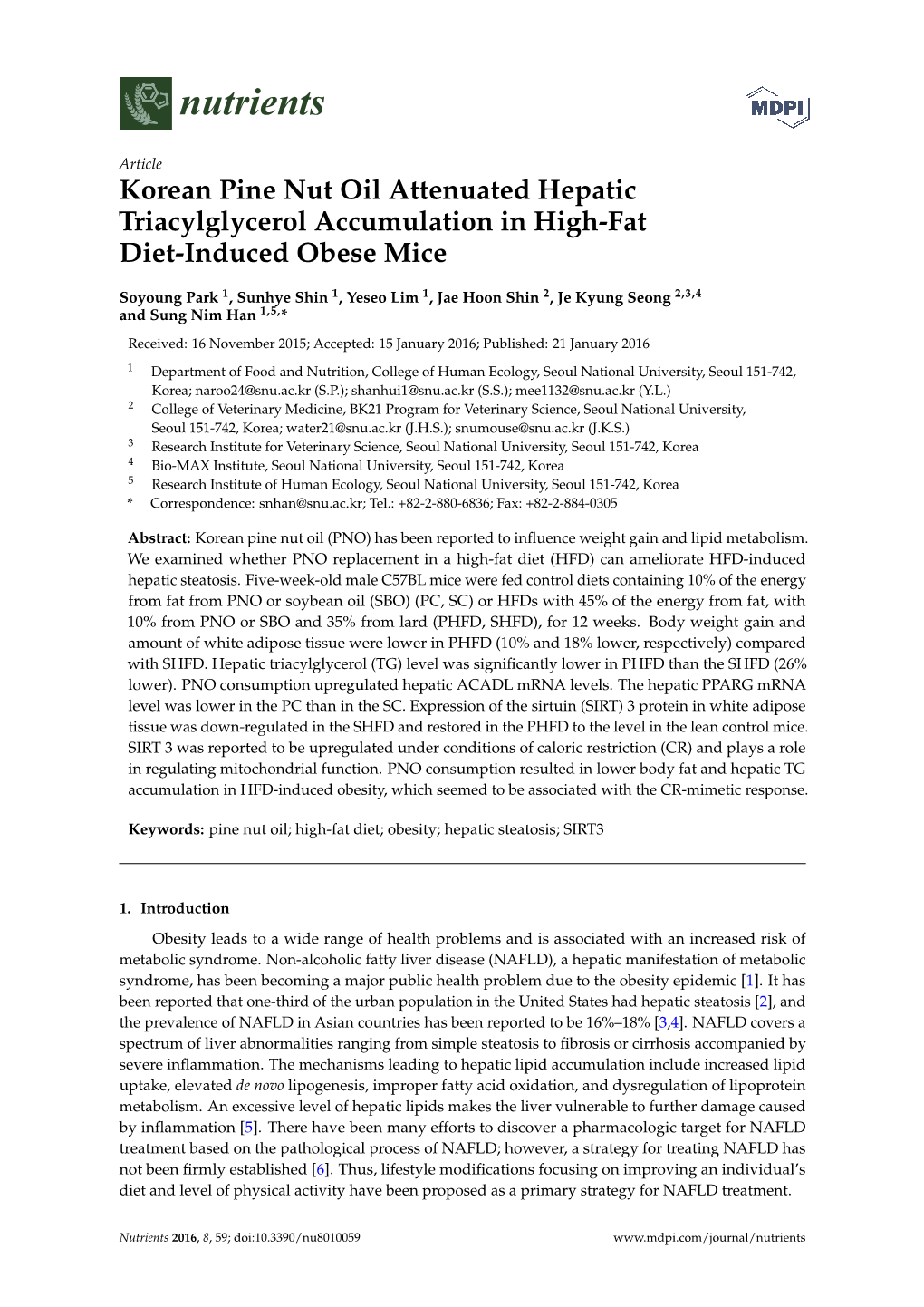 Korean Pine Nut Oil Attenuated Hepatic Triacylglycerol Accumulation in High-Fat Diet-Induced Obese Mice