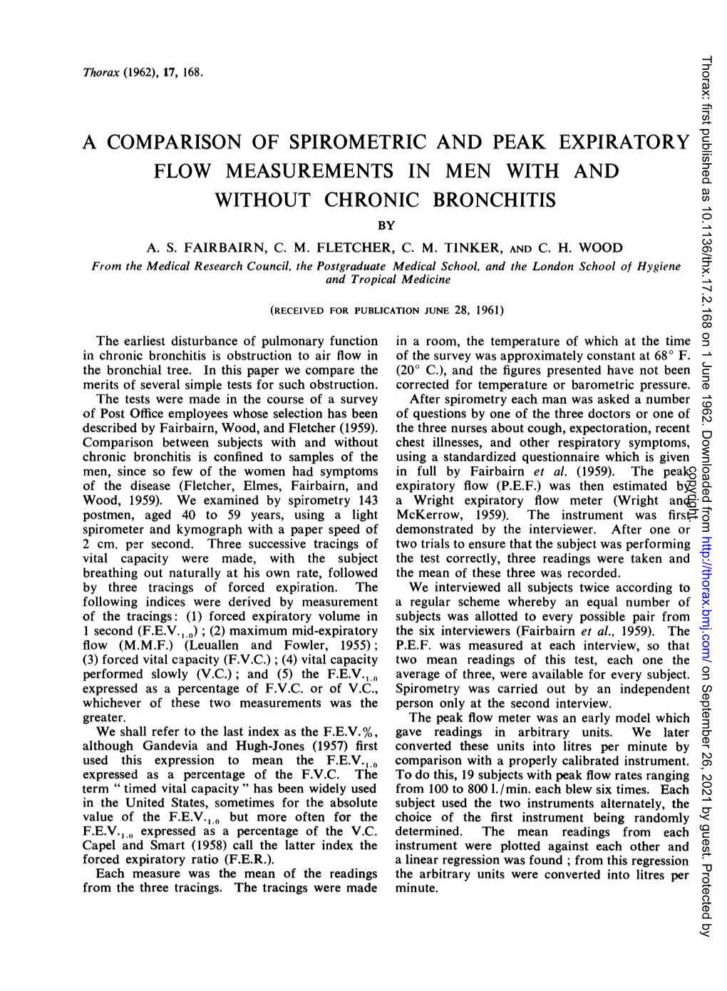 A Comparison of Spirometric and Peak Expiratory Flow Measurements in Men with and Without Chronic Bronchitis by A