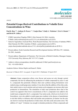 Potential Grape-Derived Contributions to Volatile Ester Concentrations in Wine