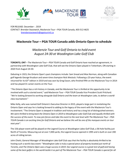 Mackenzie Tour – PGA TOUR Canada Adds Ontario Open to Schedule Mackenzie Tour and Golf Ontario to Hold Event August 24-30 A