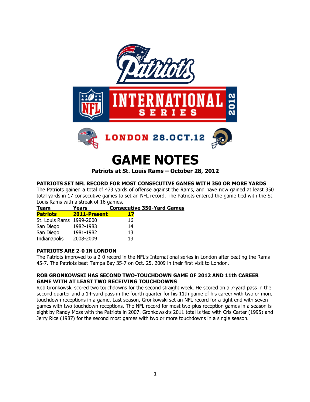 GAME NOTES Patriots at St