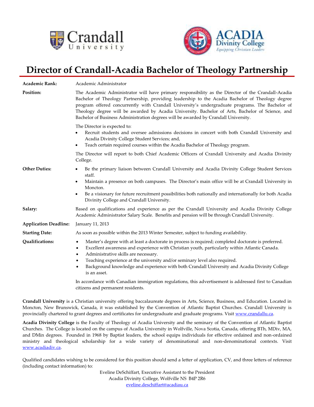 Director of Crandall-Acadia Bachelor of Theology Partnership