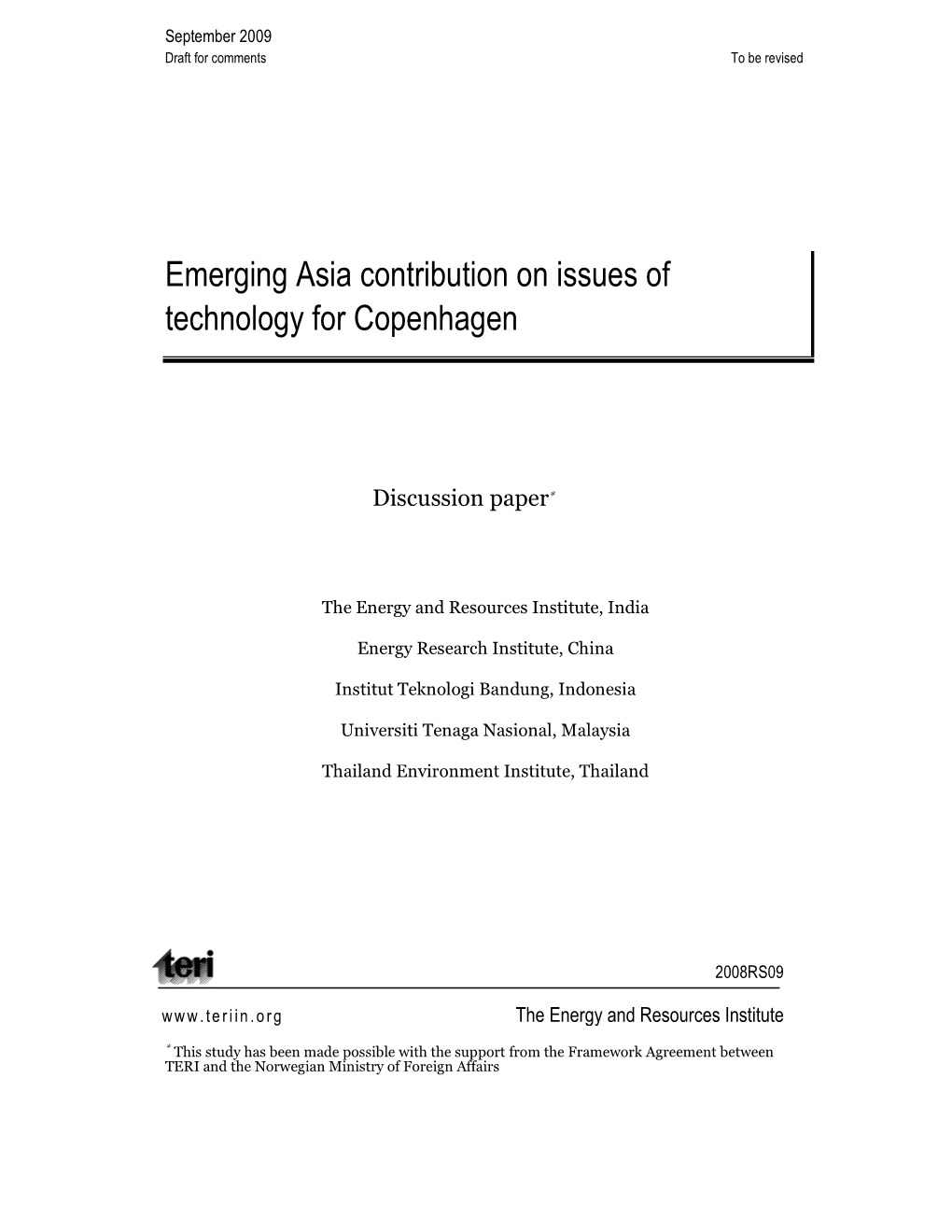 Emerging Asia Contribution on Issues of Technology for Copenhagen