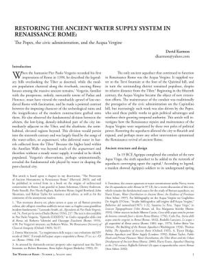 RESTORING the ANCIENT WATER SUPPLY SYSTEM in RENAISSANCE ROME: the Popes, the Civic Administration, and the Acqua Vergine
