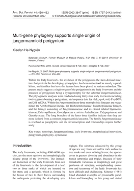 Multi-Gene Phylogeny Supports Single Origin of Jungermannioid Perigynium