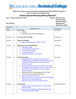 District Board Meeting Notice/Agenda* Date: Tuesday, November 27, 2018 Location: Milwaukee Area Technical College 700 W