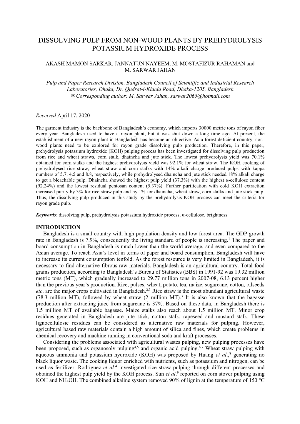 Dissolving Pulp from Non-Wood Plants by Prehydrolysis Potassium Hydroxide Process