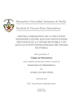 Benemérita Universidad Autónoma De Puebla Facultad De Ciencias Físico-Matemáticas
