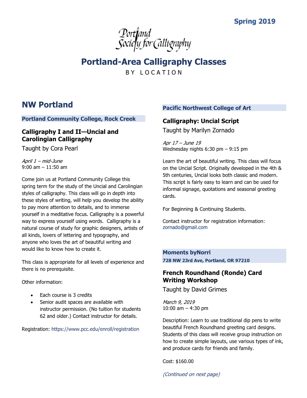 Portland-Area Calligraphy Classes B Y L O C a T I O N