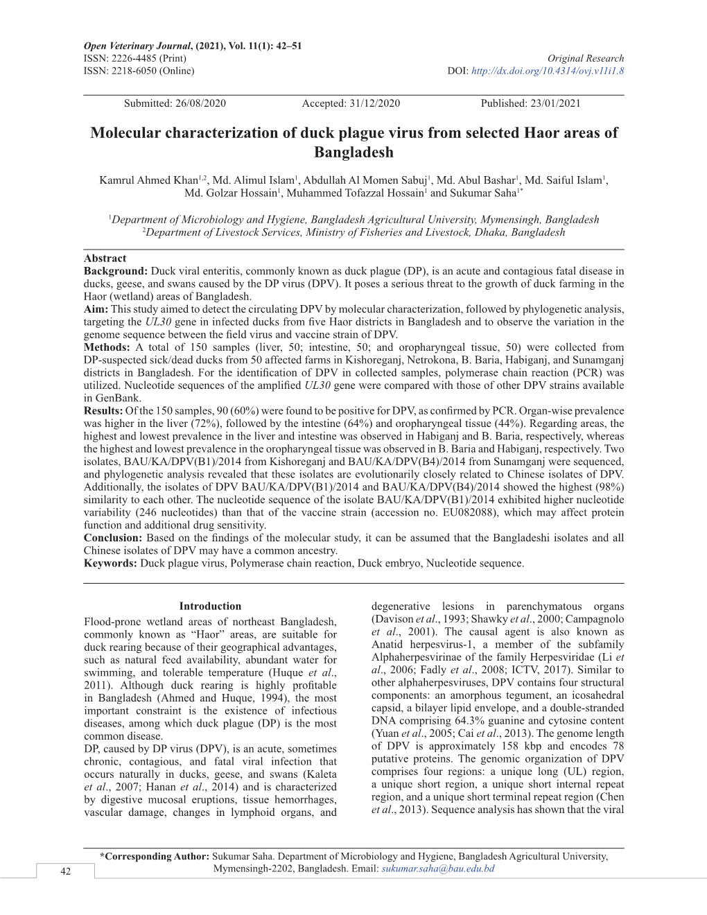 Molecular Characterization of Duck Plague Virus from Selected Haor Areas of Bangladesh