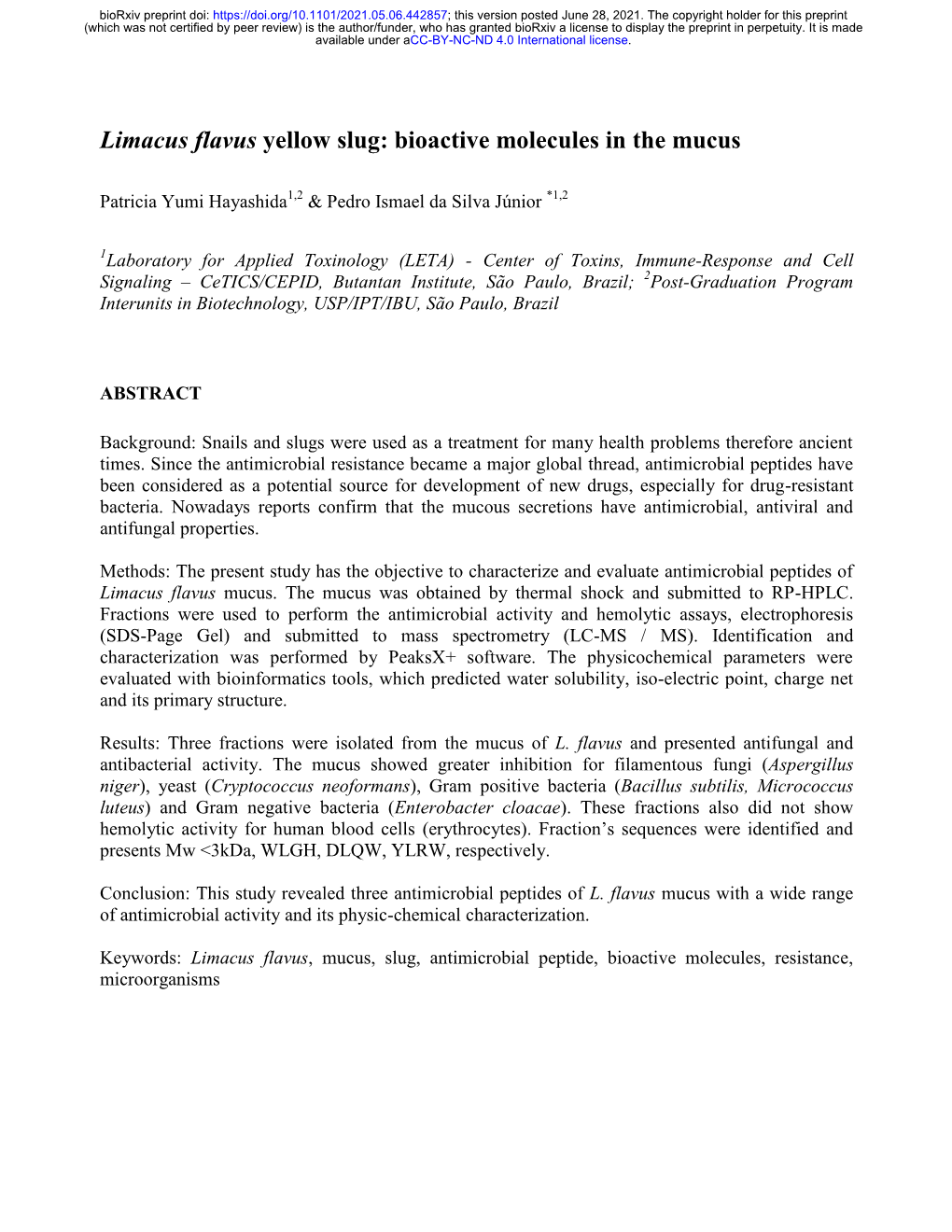 Limacus Flavus Yellow Slug: Bioactive Molecules in the Mucus