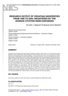 Research Output of Croatian Universities from 1996 to 2004, Registered by the Science Citation Index-Expanded