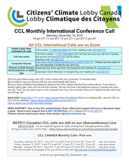 CCL Monthly International Conference Call Saturday, December 10, 2016 10 Am PT/ 11 Am MT/ 12 Pm CT/ 1 Pm ET/ 2 Pm AT