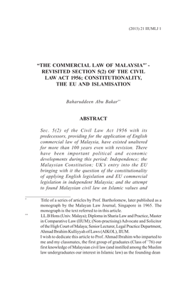 The Commercial Law of Malaysia”* - Revisited Section 5(2) of the Civil Law Act 1956; Constitutionality, the Eu and Islamisation